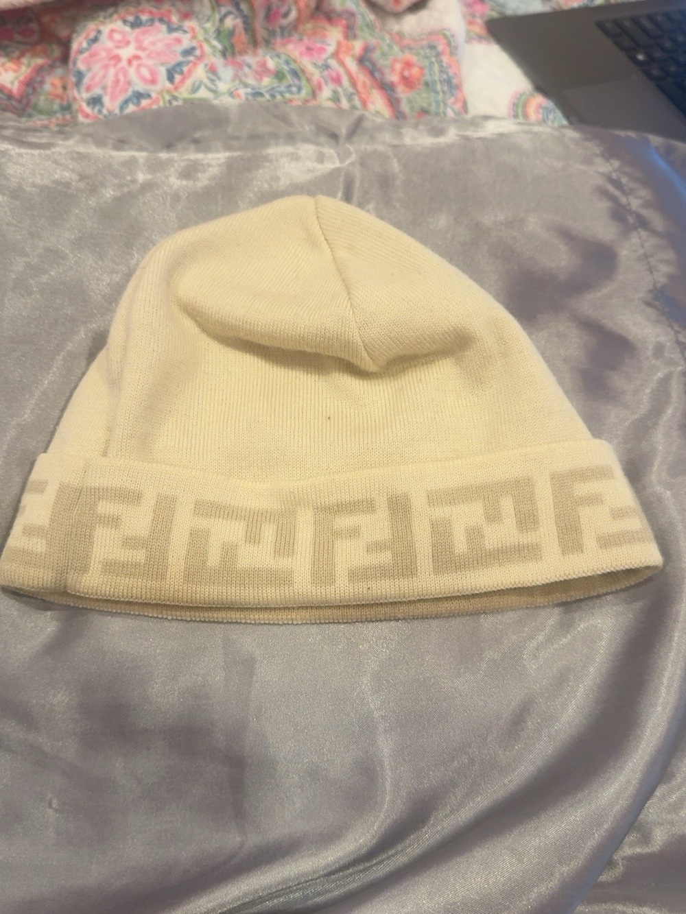 Vintage Fendi Cream Knit Beanie with Monogram Band
